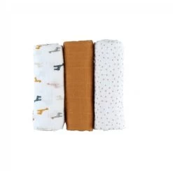 Lot De 3 Langes En Mousseline Blanc, Moutarde Et Girafe