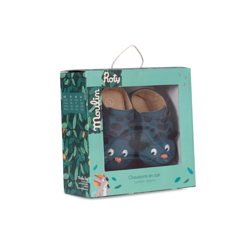 Moulin Roty Chaussons Cuir Bébé 0-6 Mois Bleu Dans La Jungle – Image 2