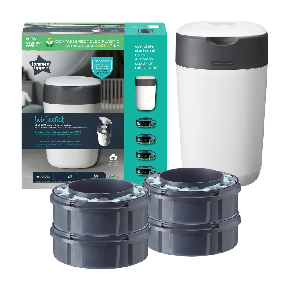 Tommee Tippee Starter Pack Twist & Click Poubelle Blanche + 4 Recharges